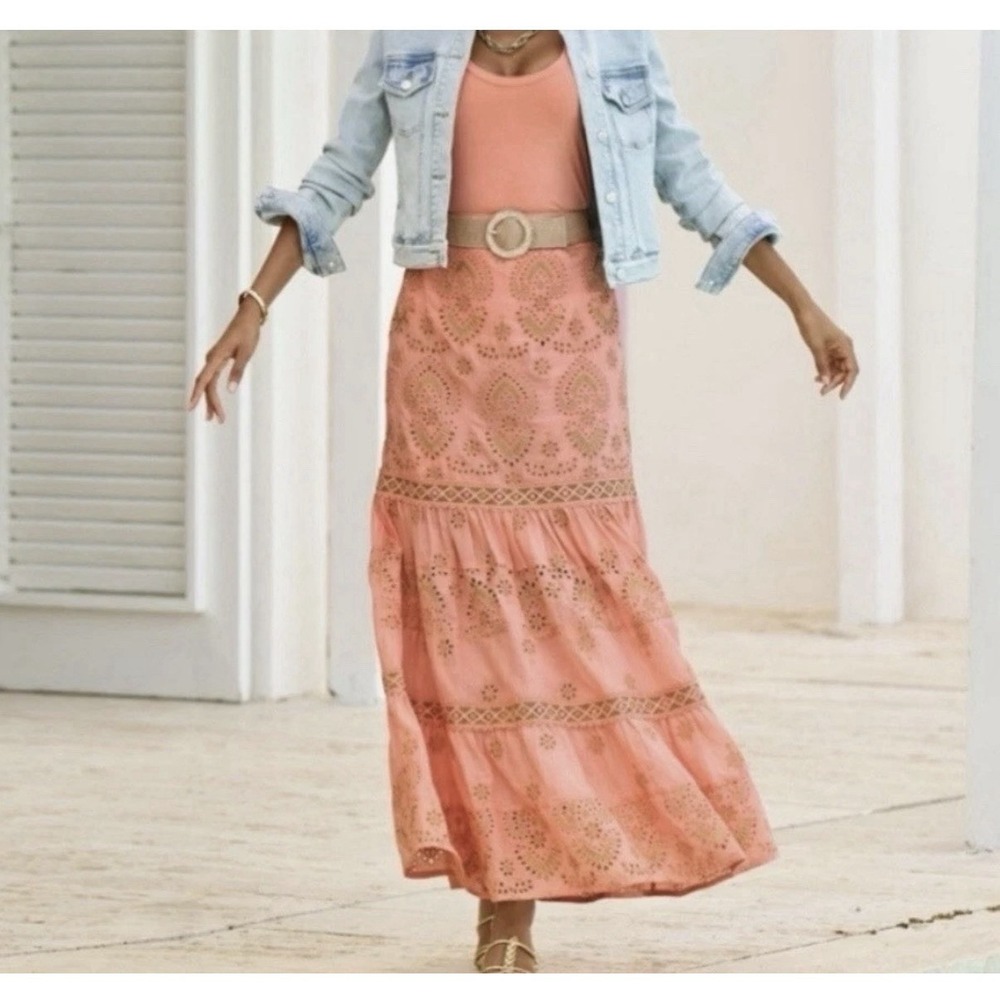 Boston Proper Coral Metallic Embroidered Eyelet Coquette Boho Resort Maxi XL - Picture 2 of 13